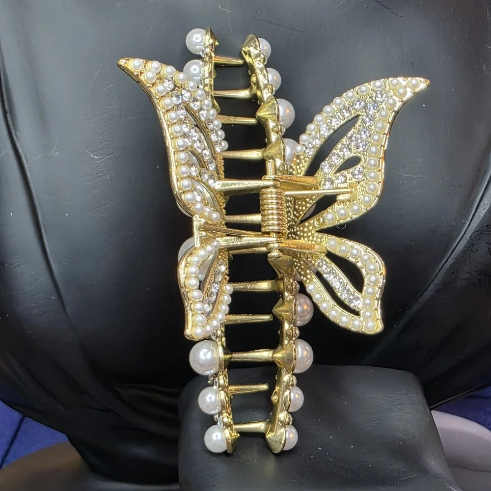 Gold Tone Pearl Leaf Hair Claw Clip Large Ornate Metal Statement 582